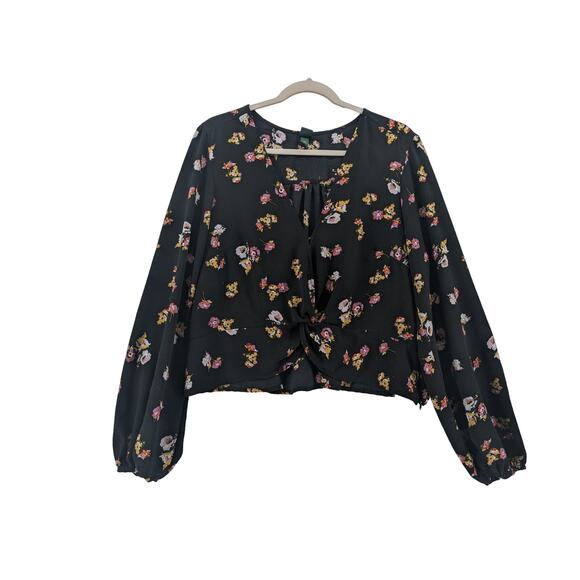 Wild Fable Cropped Blouse XXL Black Floral Side Zip Knot Front Bohemian Flower - Picture 12 of 12
